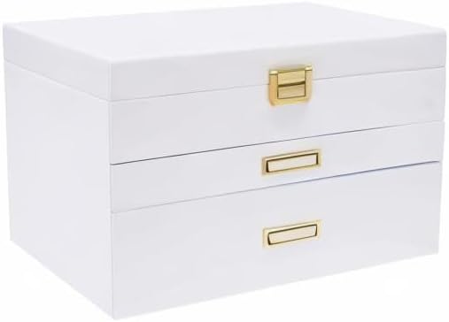 3 Layers Jewelry Storage Box with 2 Drawers, Large Wooden Jewelry Box for Women and Girls Necklace Ring Watch Organizer, White