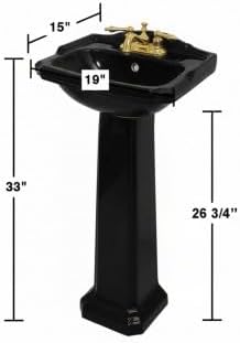 Renovators Supply Manufacturing Cloakroom Space Saving 19" W x 34" H x 15" Proj. Small Bathroom Black Pedestal Sink, Vitreous China, with Overflow, Compatible with 4 in. Centerset Faucets