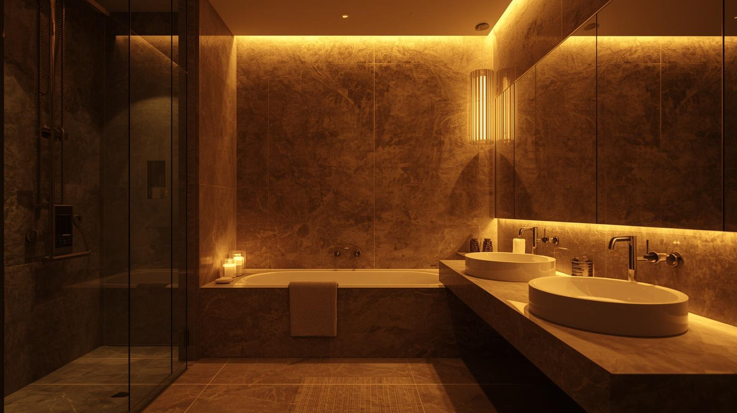 Luxurious bathroom with marble walls, a bathtub, and two sinks.
