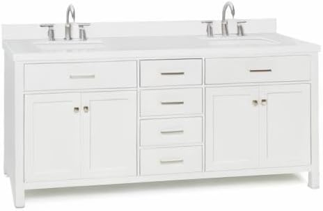 ARIEL Bristol 72-inch Bathroom Vanity with Sink,Solid Wood, 1.5-inch Pure White Quartz Countertop & Backsplash, Double Rectangular Porcelain Sink, 4 Soft Closing Doors, 4 Dovetail Drawers, White