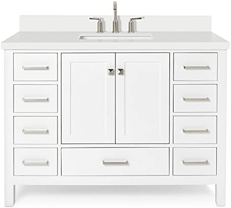 ARIEL Cambridge 48-inch Bathroom Vanity with Sink,Solid Wood, 1.5-inch Pure White Quartz Countertop & Backsplash, Single Rectangular Porcelain Sink, 2 Soft Closing Doors, 9 Dovetail Drawers, White