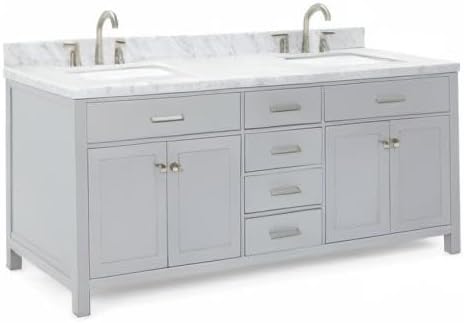 ARIEL Bristol 73" Grey Double Vanity, 1.5" Edge Italian Carrara Marble Countertop & Splash, Rectangular Sinks, 2 Soft Closing Doors, 4 Full Extension Dovetail Drawers, Polished Chrome