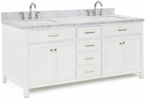ARIEL Bristol 72-inch Bathroom Vanity with Sink,Solid Wood, 1.5-inch Italian Carrara Marble Countertop, Double Rectangular Porcelain Sink, 4 Soft Closing Doors, 4 Dovetail Drawers, White