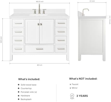 ARIEL Cambridge 48-inch Bathroom Vanity with Sink,Solid Wood, 1.5-inch Carrara White Quartz Countertop, Single Rectangular Porcelain Sink, 2 Soft Closing Doors, 9 Dovetail Drawers, White