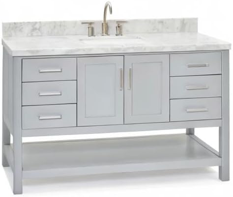 DKB Olivia 54" Grey Bathroom Vanity with Sink, 1.5" Edge Italian Carrara Marble Countertop, Rectangular Undermount Sink, 2 Soft Closing Doors, 6 Dovetail Drawers