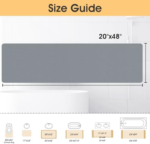 ACCUMTEK Non Slip Bath Mat, Thin Bathroom Rugs Fit Under Door, Quick Dry Bath Mats, Machine Washable Bath Rugs for Bathroom, Bathtub & Kitchen, Bathtub & Kitchen, Grey/Solid/48 x20