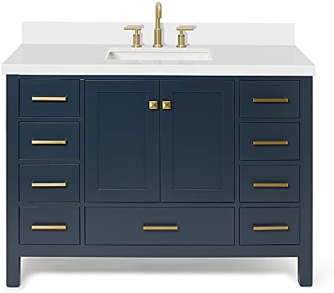 ARIEL Cambridge 48-inch Bathroom Vanity with Sink,Solid Wood, 1.5-inch Pure White Quartz Countertop, Single Rectangular Porcelain Sink, 2 Soft Closing Doors, 9 Dovetail Drawers, Midnight Blue