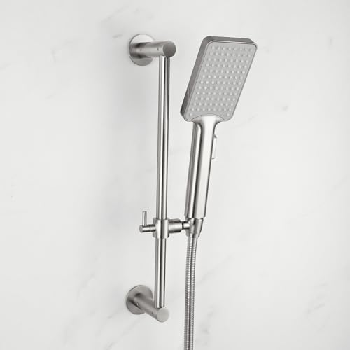 Shower Slide Bar Adjustable Handheld Shower Head Holder Wall Mount - 15inch All-Metal Shower Head Slide Bar Compatible with Bathroom Drill Free Glue Installation - Brushed