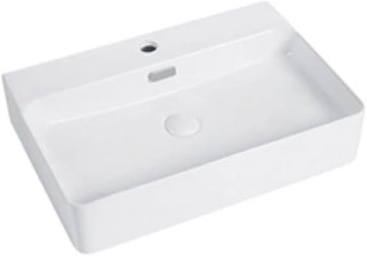 24" White Rectangular Ceramic Vessel Sink Bath Wall Mount/Above Counter | KINGWONG High-temp porcelain resists stains & thermal shock. Overflow hole. Easy Clean Glossy Finish for Master Bathroom