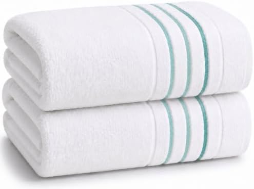 Bath Towels Set for Bathroom – Luxury 2-Piece Cotton Towels (55''x28''), Soft Absorbent & Quick Dry, 600 GSM Bath Towels for Bathroom, Hotel Spa Quality (White/Aqua Green, 2-Bath Towel Set)