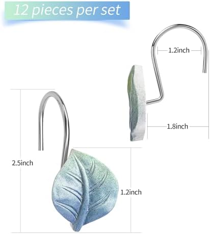 Blue Plant Leaf Shower Curtain Hooks,Eucalyptus Bathroom Decor,12PCS