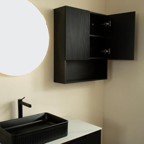 USHOWER Black Bathroom Wall Cabinet with Fluted Doors & Open Shelf