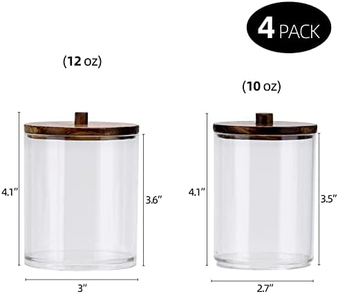 Tbestmax 4 Pack Qtip Holder Dispenser Cotton Ball, Cotton Swab, Floss - 12oz, 10 oz Clear Plastic Apothecary Jars for Bathroom Organizer and Storage Containers (Brown Wood Lids)