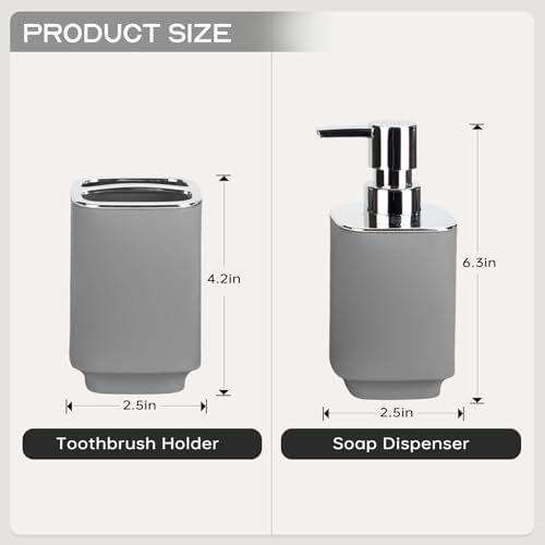 Grey Bathroom Accessories 2 Pcs, Soap Dispenser and Toothbrush Holder Set
