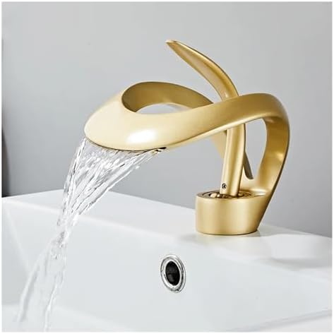 Creative Single Hole Kitchen Faucet, Frosted Gold Bathroom Sink Tap, Hot & Cold Water Mixer, All-Copper Waterfall Style Faucet for Vanity Cabinet