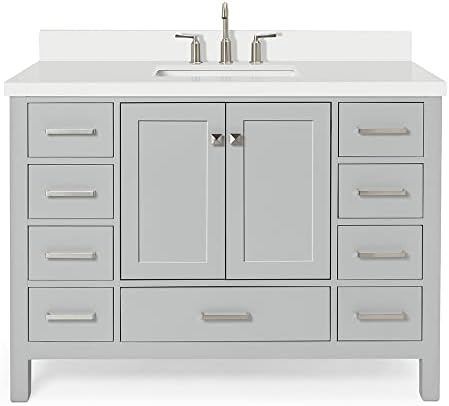 ARIEL Cambridge 48-inch Bathroom Vanity with Sink,Solid Wood, 1.5-inch Pure White Quartz Countertop & Backsplash, Single Rectangular Porcelain Sink, 2 Soft Closing Doors, 9 Dovetail Drawers, Grey