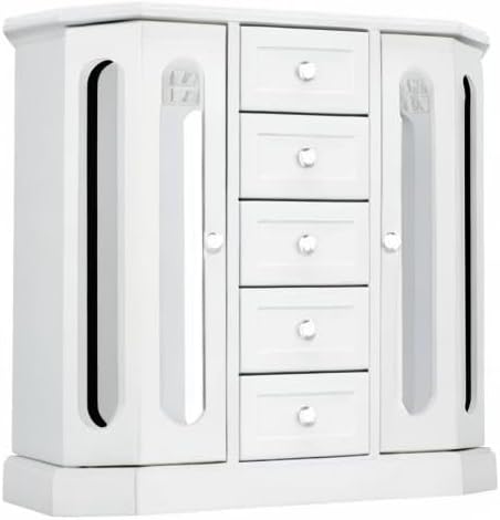 RR ROUND RICH DESIGN Vintage Jewelry Armoire with Mirror White | Solid Wood Jewelry Box Organizer with 5 Drawers & 2 Glass Doors - Large Capacity Desktop Dresser Case