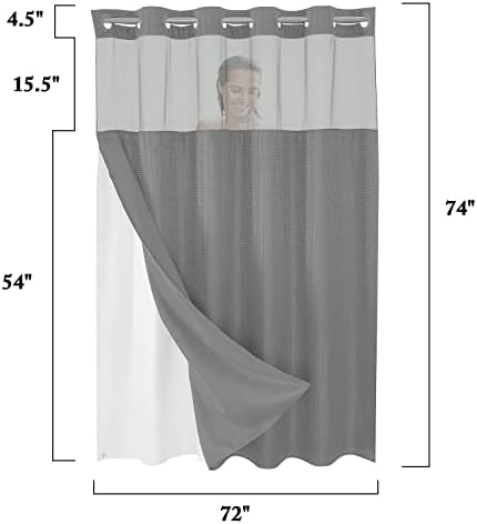 Gibelle No Hook Waffle Weave Shower Curtain with Snap-in Fabric Liner Set for Bathroom, Hotel Style with Mesh Top Window, Waterproof & Washable, Grey, 72x74