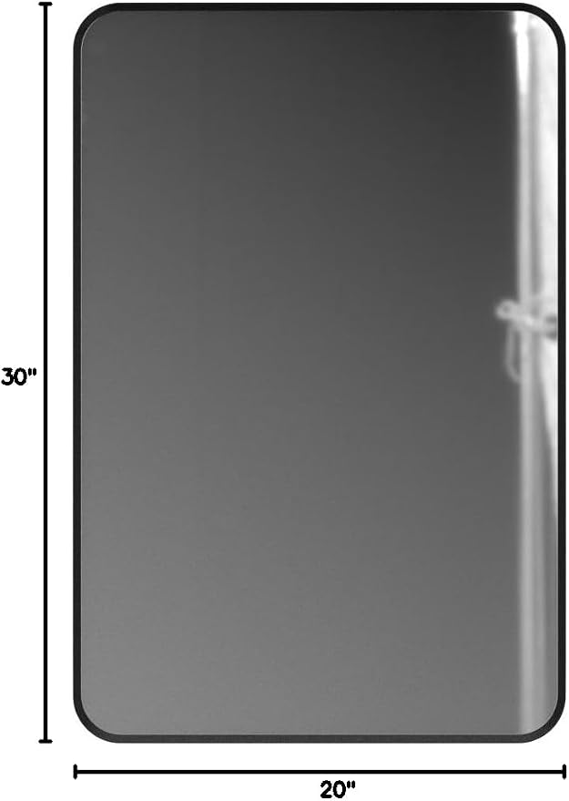 Wall Mount Mirror for Bathroom, Black Metal Framed, 20" x 30" | Rounded Corner, Rectangular Vanity Mirror, Tempered Glass, Brushed Frame, Hangs Horizontal or Vertical, HD Reflection Clarity
