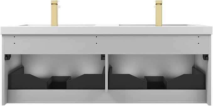 Blossom 60 Inch Double Sink Bathroom Vanity, All Wood Wall Mounted Floating Bathroom Vanity Cabinet with Acrylic Sink, Bathroom Sink Cabinet with Soft-Close Drawers, Modern Vanities, Light Grey