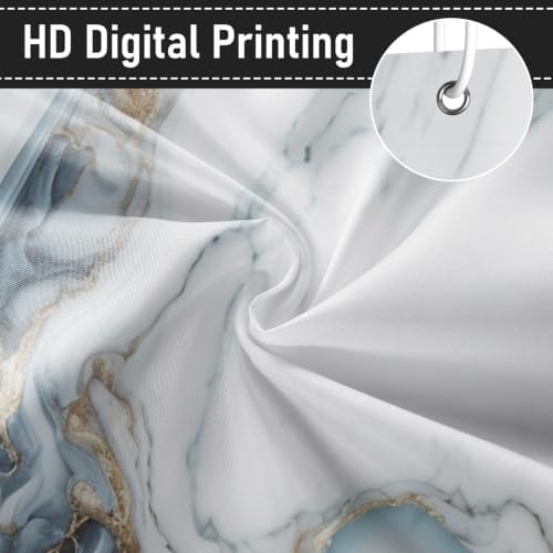 Ocean Blue Marble Shower Curtain Modern Abstract Luxury Gold Ink Texture Gray Ombre Watercolor Bathroom Curtain Set with Hooks Soft and Lightweight Waterproof Fabric Machine Washable 48"Wx72"L