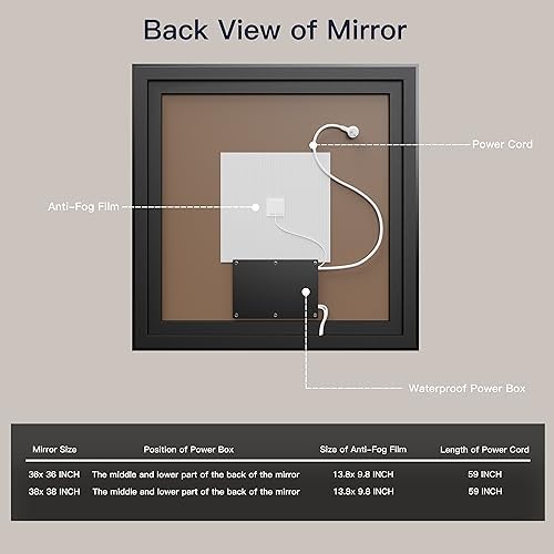ISKM 40x38 Framed LED Bathroom Mirror, Dimmable Front & Backlit, Anti-Fog