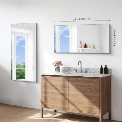 BONEWEI Silver Bathroom Mirror,18x36 inch Wall Mirror for Bathroom Wall Mounted,Rectangle Mirror for Bathroom Over Sink,Modern Metal Frame for Living Room,Bedroom Entryway,Horizontal/Vertical