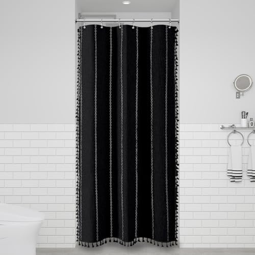 BTTN Small Boho Linen Heavy Duty Cloth Shower Curtain, 36x72, Black White