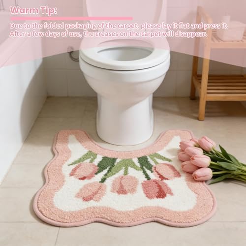 Tulip Flower U-Shaped Toilet Mat, Romantic Floral Non-Slip Bath Rug with Wave Edge Design, Soft Absorbent Microfiber Floor Mat for Toilet Base, Machine Washable Bathroom Decor (U-Shaped Pink)