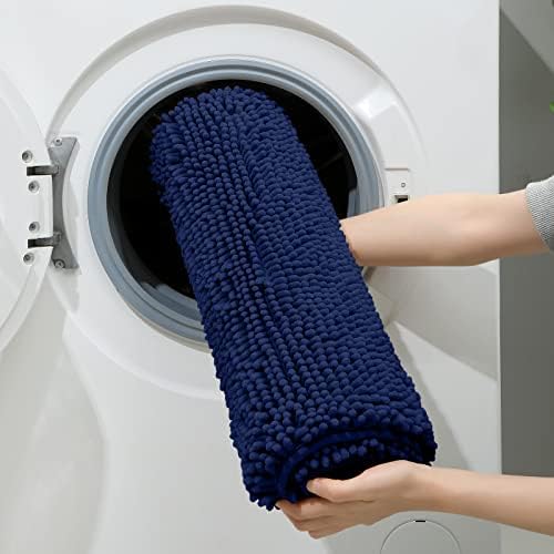 HOMEIDEAS Navy Blue Chenille Bathroom Rugs Set of 3, Non Slip Bath Mat