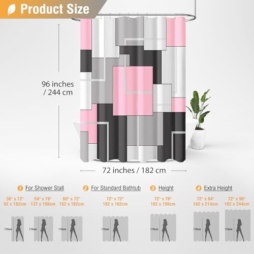 BTTN 72 x 96 Long Modern Geometric Waterproof Fabric Shower Curtain, Pink