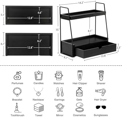 2-Tier Bathroom Countertop Organizer with Drawer, Wood Vanity Shelf Black