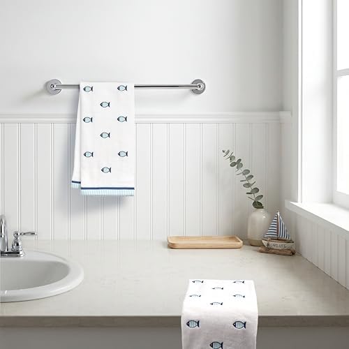 Ritz 2-Piece Cotton Velour Bathroom Hand Towel Set, Embroidered Allover Fish Design, White & Blue Nautical Decorative Towels for Lake House, Beach, Coastal Decor, 16” x 26”