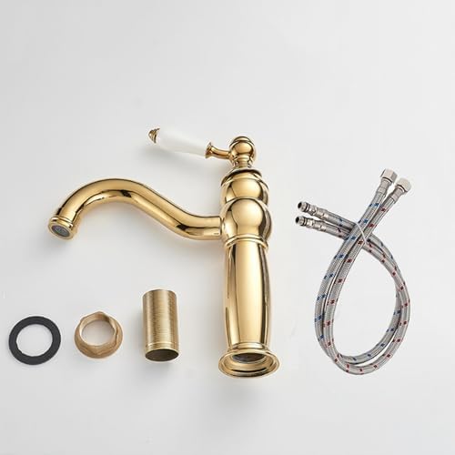 360° Rotatable Vintage Brass Bathroom Faucet - Short Single Handle Mixer Tap - Golden Sink Mixer for Kitchen & Bathroom, Stylish & Design