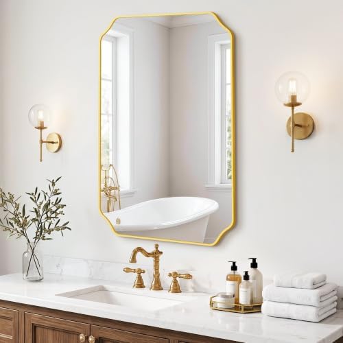 Gold Vanity Bathroom Mirror, 24" x 36" Scalloped Mirror for Wall