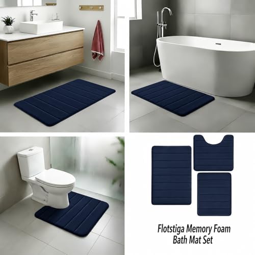 Memory Foam Bath Mat Set 3 Piece,Super Soft Absorbent Bathroom Rug Non Slip, Quick Dry,Machine Wash, Perfect Plush Bathroom Rugs,Home Decor Accessories,Navy Blue