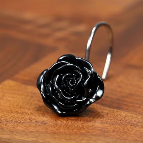 Black Rose Shower Curtain Hooks: Cute Flower Bathroom Curtain Rings, 12Pcs