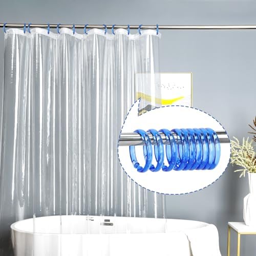 Blue Shower Curtain Hooks - 12 Pcs Circular Plastic Shower Curtain Rings for Bathroom - O Shaped Transparent Blue Shower Hooks Rings for Shower Curtain Rod