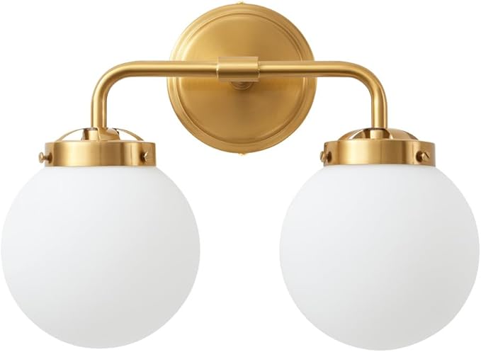 Bathroom Light Fixtures 14in 2-Light Brushed Gold Vanity Light for Mirror | Bathroom Lighting Fixtures over Mirror, ETL, Brushed Brass Wall Sconce, Dimmable E12 Base Max 60W, Milky Glass Ball Shades