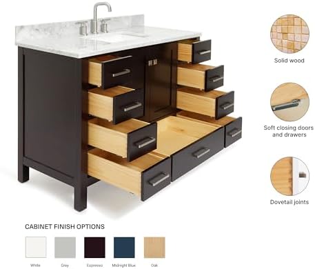ARIEL Cambridge 48-inch Bathroom Vanity with Sink,Solid Wood, 0.75-inch Italian Carrara Marble Countertop, Single Rectangular Porcelain Sink, 2 Soft Closing Doors, 9 Dovetail Drawers, Espresso