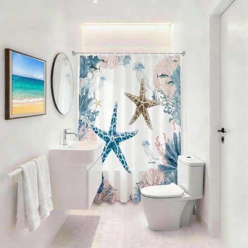 Coral Beach Shower Curtain for Bathroom, Ocean Coastal Theme, 72x72 In