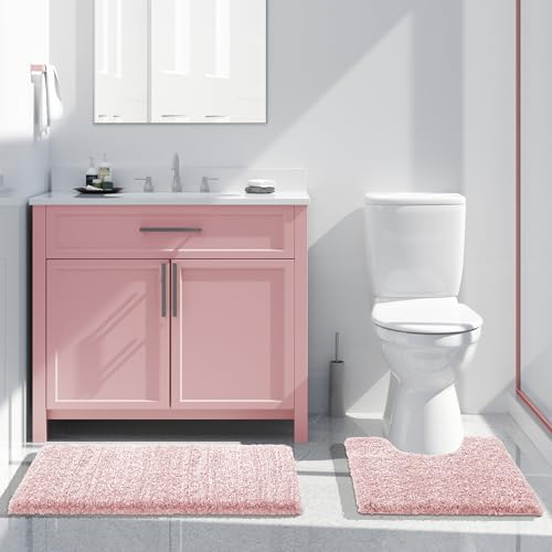 Yimobra Toilet Rugs U Shaped Washable 24X20, Ultra Soft and Water Absorbent Bath Mats, Non Slip Fluffy Shaggy Luxury Microfiber Contour Bath Rugs for Toilet, Dry Quick, Light Pink and White