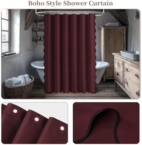 BTTN 72x78 Boho Scalloped Linen Textured Cloth Shower Curtain Set, Burgundy