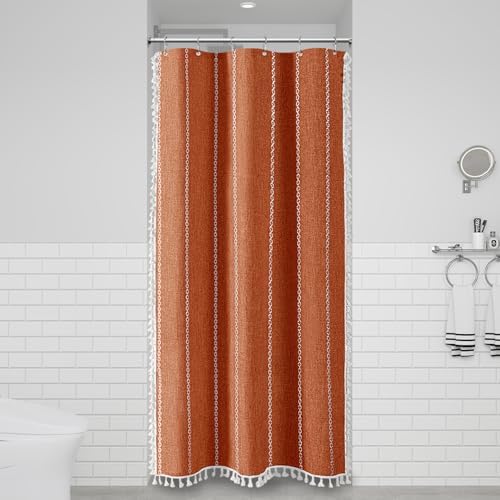 BTTN Small Boho Linen Heavy Duty Cloth Shower Curtain, 36x72, Burnt Orange