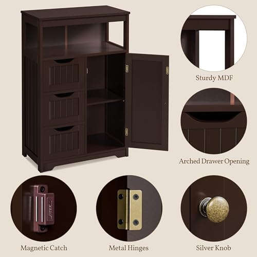 Yaheetech Freestanding Bathroom Storage Cabinet with 3 Drawers, Espresso