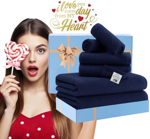 VOOVA & MOVAS 6PC Towel Set, 100% Cotton, Navy Blue