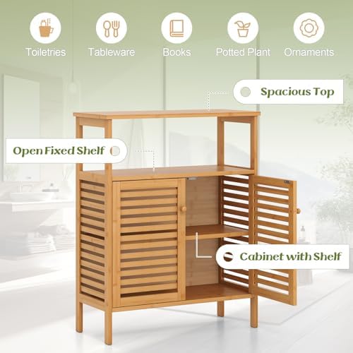 Tangkula Bamboo Floor Cabinet, Bathroom Storage Cabinet with Double Slatted Doors, Open Shelf, Removable Shelf, Storage Organizer for Bathroom Doorway Living Room Kitchen