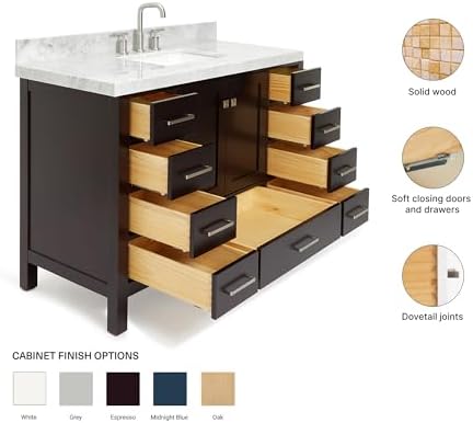 ARIEL Cambridge 48-inch Bathroom Vanity with Sink,Solid Wood, 2-inch Italian Carrara Marble Countertop, Single Rectangular Porcelain Sink, 2 Soft Closing Doors, 9 Dovetail Drawers, Espresso