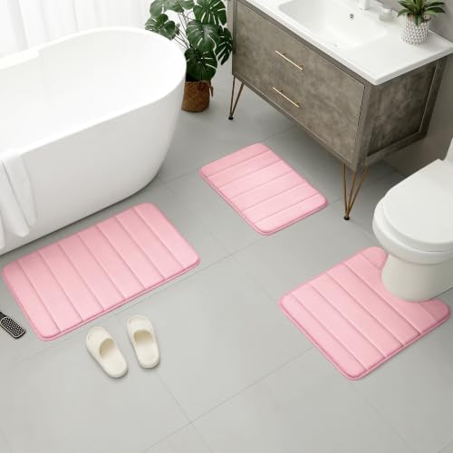 BYSURE Pink Memory Foam Bathroom Rug Set 17"x24"+20"x32"+U20 x24