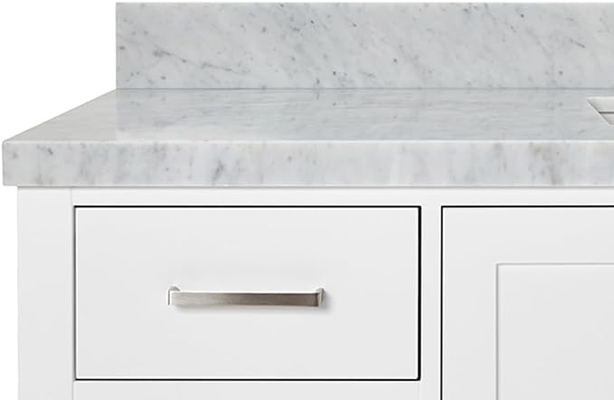 Beckford 60 Inch Bathroom Vanity Single Sink — White Bathroom Vanity with Sink, 1.5" Edge Italian Carrara Marble Countertop & Backsplash, 2 Soft-Close Doors, 9 Dovetail Drawers